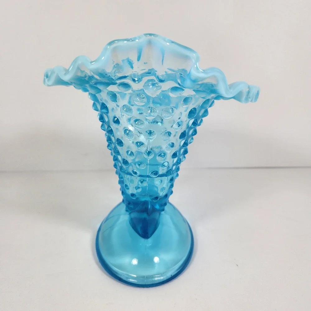 Fenton Blue Opalescent Hobnail Cornucopia Candle Holder Ruffled Rim Vase